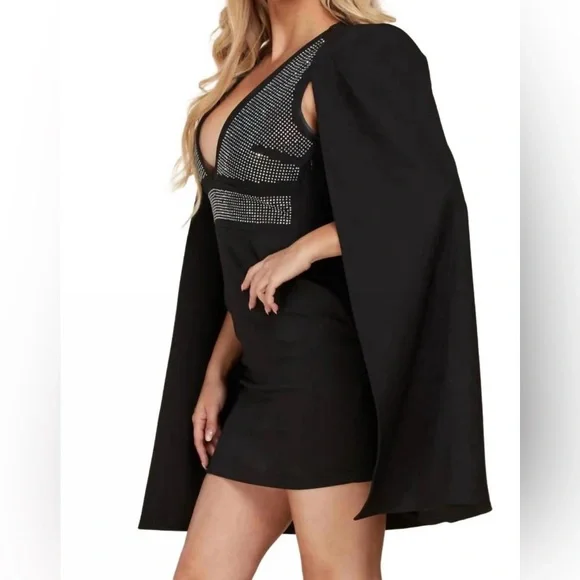 L’ATISTE Rhinestone Cape Mini Dress Black Plunging V Neck Party Cocktail Size M - Picture 2 of 9
